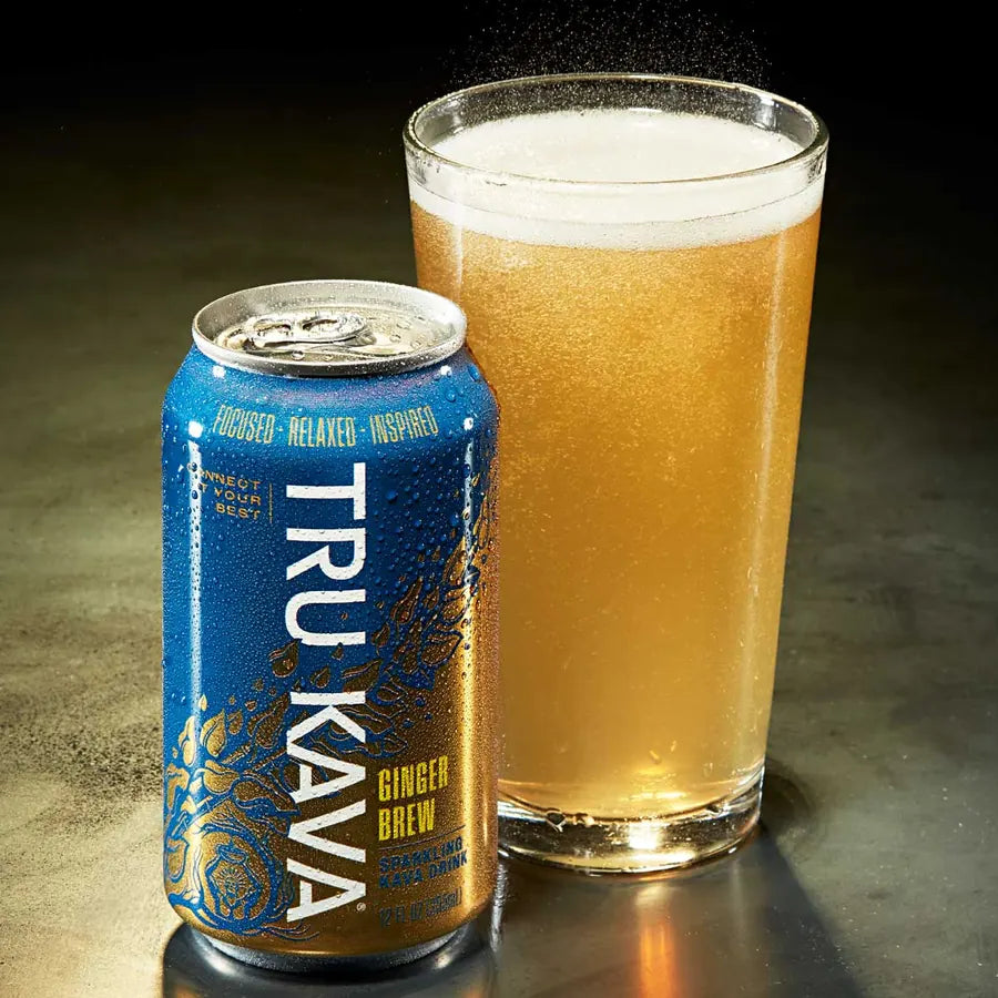 TRU KAVA Ginger Brew sparkling kava can beside a poured glass