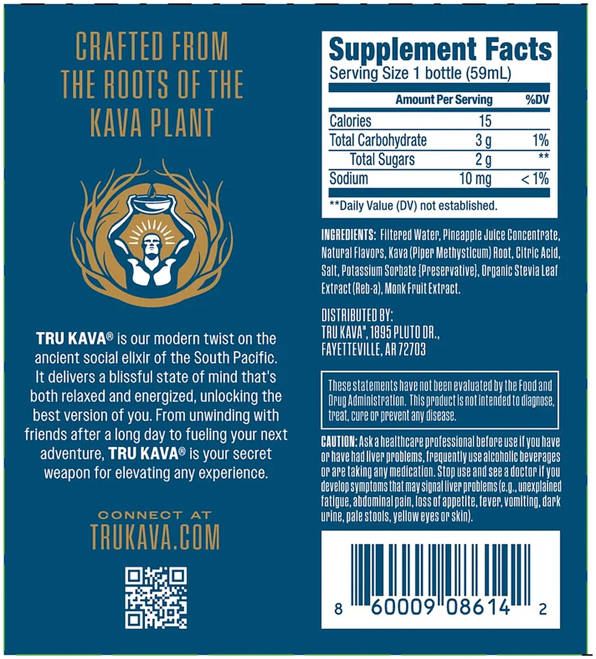 Supplement Facts and ingredients panel. Serving size 1 bottle (59 mL): calories 15, total carbohydrate 3 g, total sugars 2 g, sodium 10 mg. Ingredients: filtered water, pineapple juice concentrate, natural flavors, kava (Piper methysticum) root, citric acid, salt, potassium sorbate (preservative), organic stevia leaf extract (Reb-a), monk fruit extract.