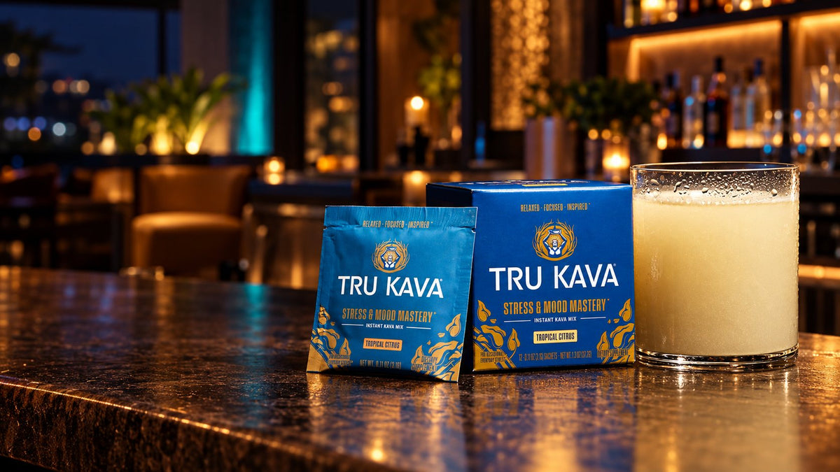 TRU KAVA Instant Kava Mix sachet and box on an evening bar counter