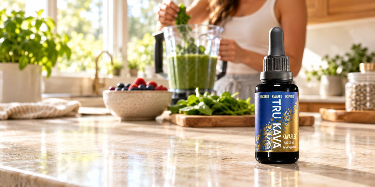 A TRU KAVA KavaPlex dropper bottle on a sunlit kitchen counter during a morning routine