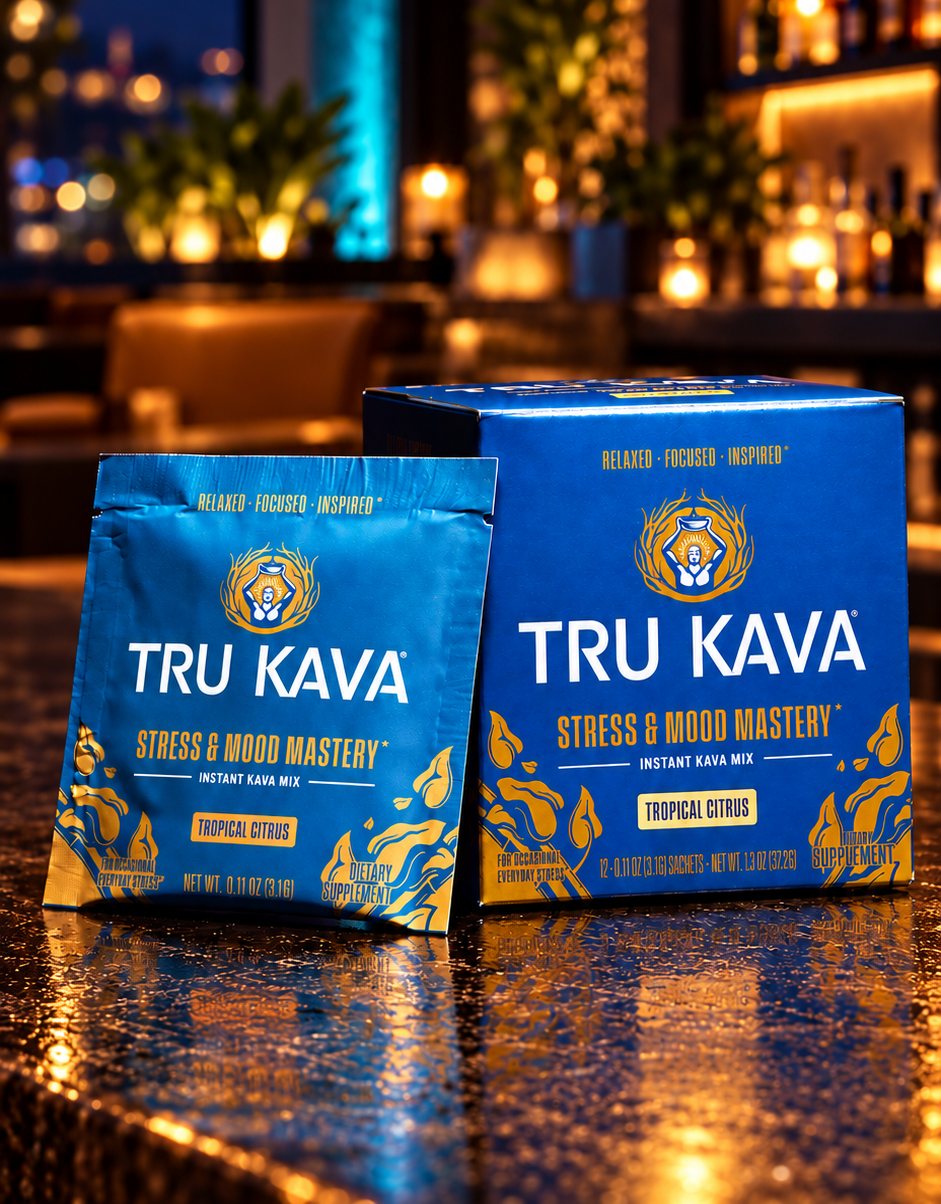 TRU KAVA Instant Kava Mix sachet and box on an evening bar counter—an everyday ritual in place of pricier drinks out